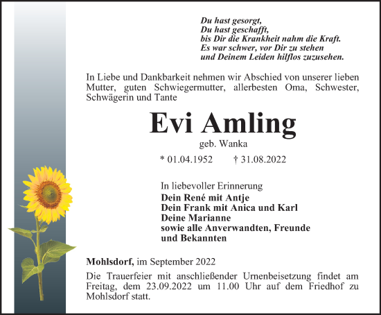 Traueranzeige von Evi Amling von Ostthüringer Zeitung