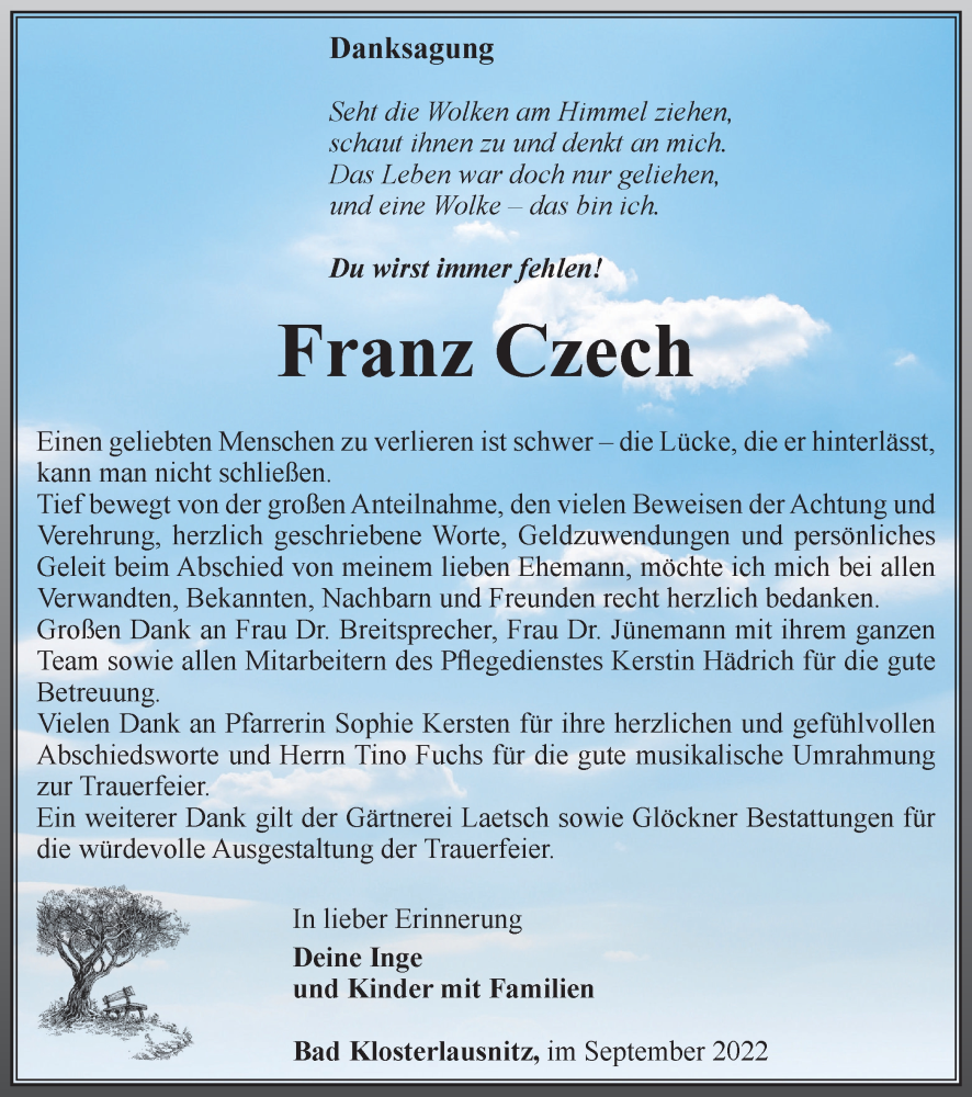  Traueranzeige für Franz Czech vom 17.09.2022 aus Ostthüringer Zeitung