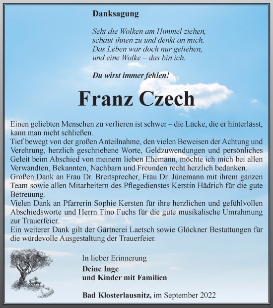 Traueranzeige von Franz Czech von Ostthüringer Zeitung