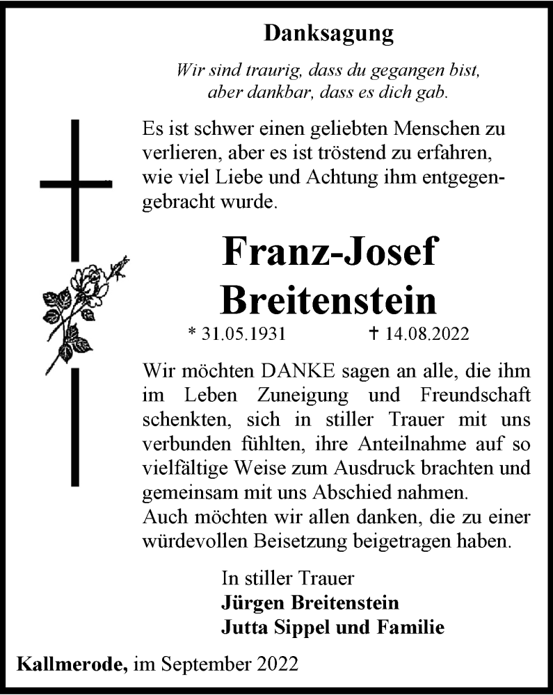  Traueranzeige für Franz-Josef Breitenstein vom 10.09.2022 aus Thüringer Allgemeine