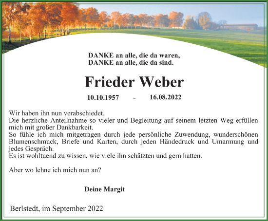 Traueranzeige von Frieder Weber von Thüringer Allgemeine, Thüringische Landeszeitung