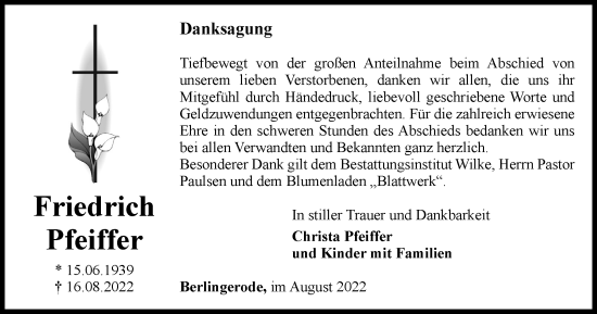 Traueranzeige von Friedrich Pfeiffer von Thüringer Allgemeine