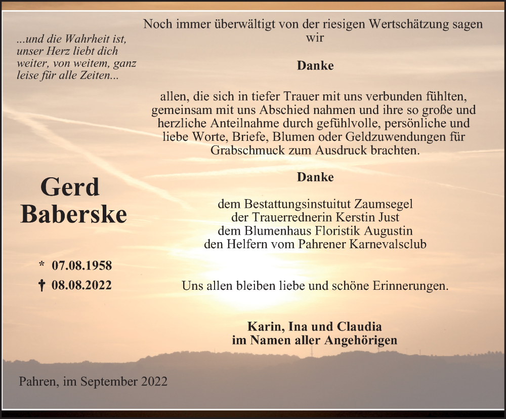  Traueranzeige für Gerd Baberske vom 17.09.2022 aus Ostthüringer Zeitung