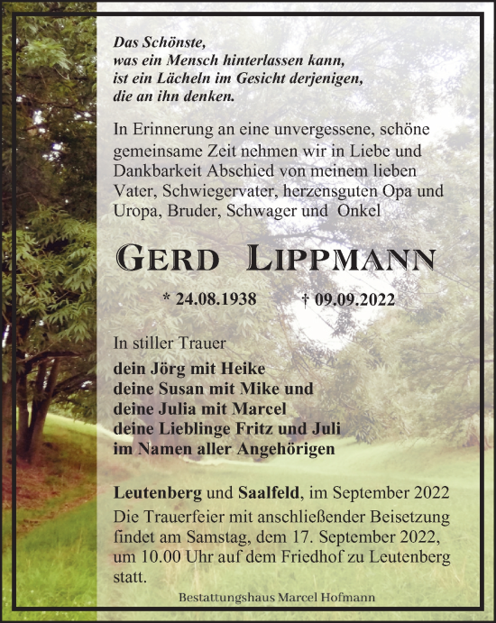 Traueranzeige von Gerd Lippmann