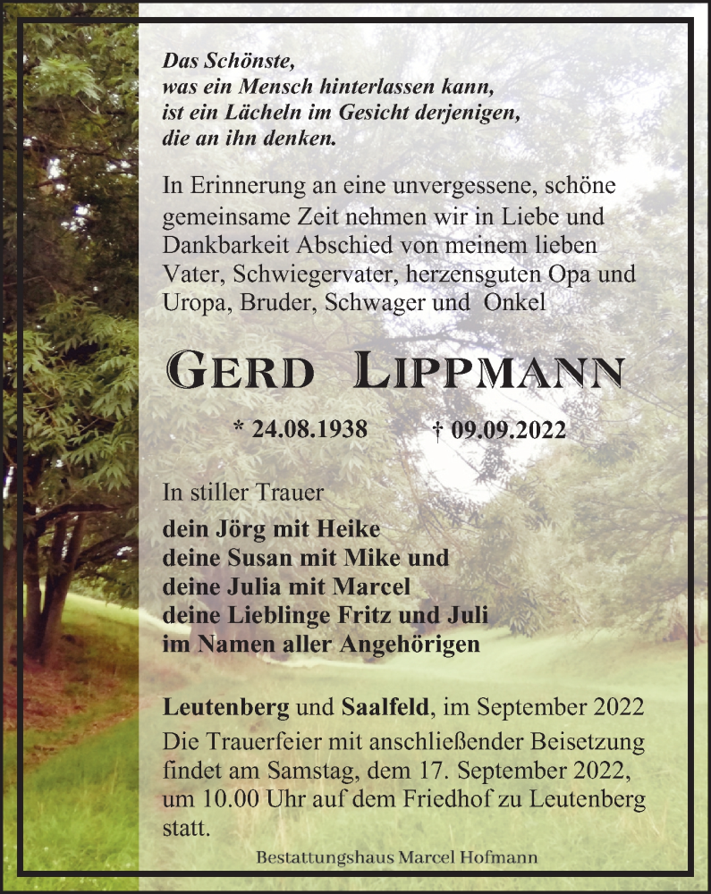  Traueranzeige für Gerd Lippmann vom 15.09.2022 aus Ostthüringer Zeitung