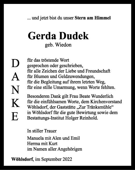 Traueranzeige von Gerda Dudek von Ostthüringer Zeitung