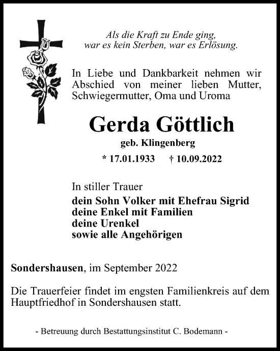 Traueranzeige von Gerda Göttlich