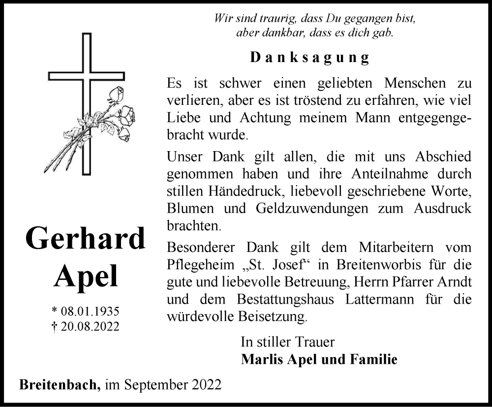  Traueranzeige für Gerhard Apel vom 23.09.2022 aus Thüringer Allgemeine