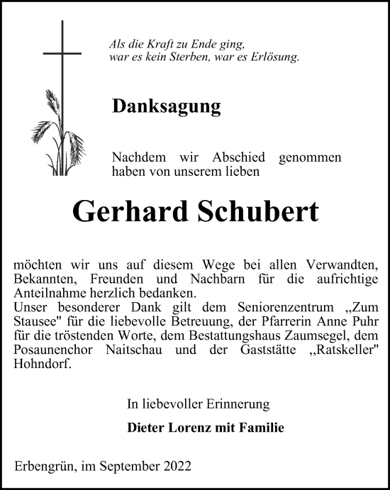 Traueranzeige von Gerhard Schubert von Ostthüringer Zeitung