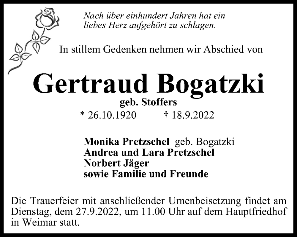  Traueranzeige für Gertraud Bogatzki vom 24.09.2022 aus Thüringer Allgemeine, Thüringische Landeszeitung