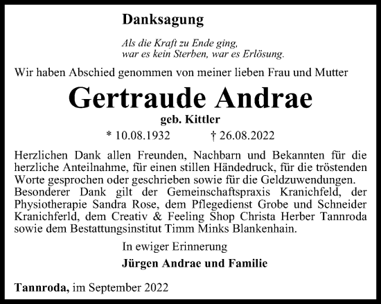 Traueranzeige von Gertraude Andrae von Thüringer Allgemeine, Thüringische Landeszeitung