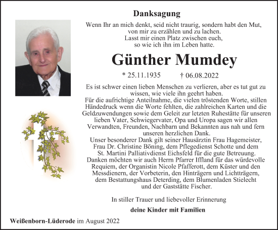 Traueranzeige von Günther Mumdey von Thüringer Allgemeine