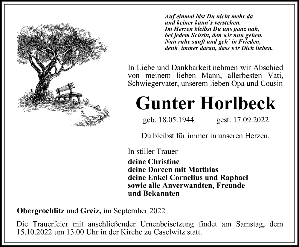  Traueranzeige für Gunter Horlbeck vom 23.09.2022 aus Ostthüringer Zeitung