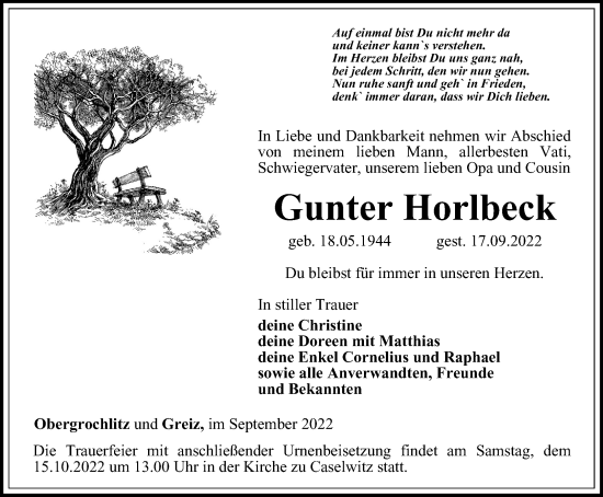 Traueranzeige von Gunter Horlbeck von Ostthüringer Zeitung