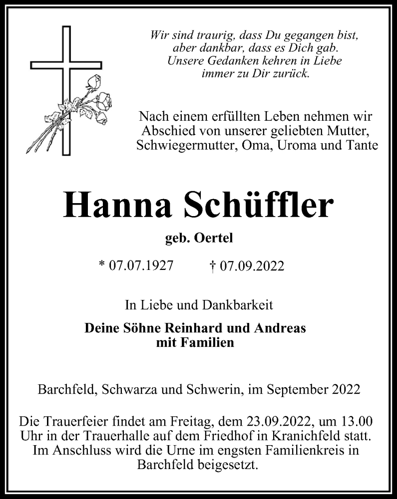  Traueranzeige für Hanna Schüffler vom 17.09.2022 aus Thüringer Allgemeine, Thüringische Landeszeitung