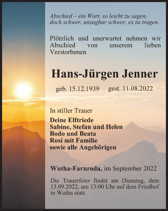 Traueranzeige von Hans-Jürgen Jenner von Thüringer Allgemeine, Thüringische Landeszeitung