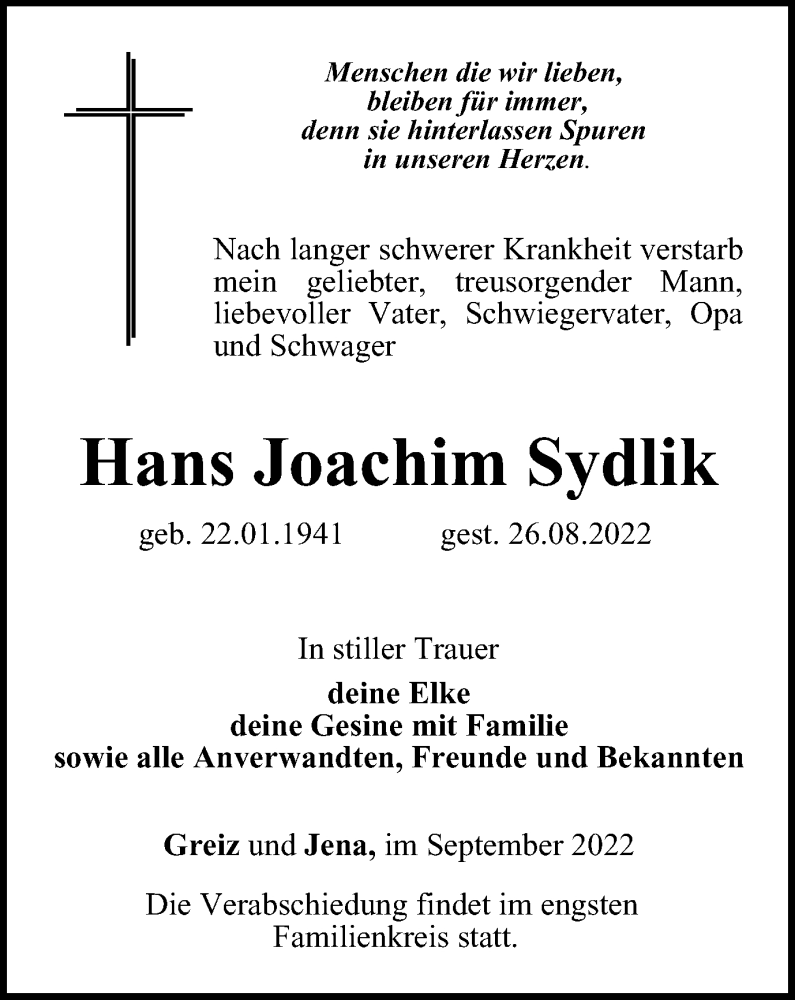  Traueranzeige für Hans Joachim Sydlik vom 02.09.2022 aus Ostthüringer Zeitung