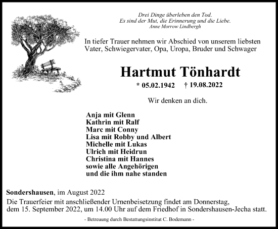 Traueranzeige von Hartmut Tönhardt