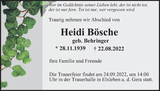 Traueranzeige von Heidi Bösche von Thüringer Allgemeine