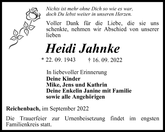 Traueranzeige von Heidi Jahnke von Ostthüringer Zeitung