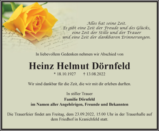 Traueranzeige von Heinz Helmut Dörnfeld von Thüringer Allgemeine, Thüringische Landeszeitung