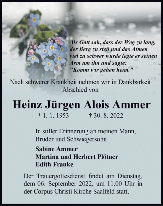 Traueranzeige von Heinz Jürgen Alois Ammer von Ostthüringer Zeitung