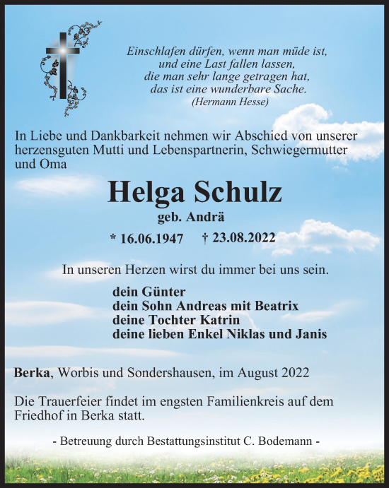 Traueranzeige von Helga Schulz