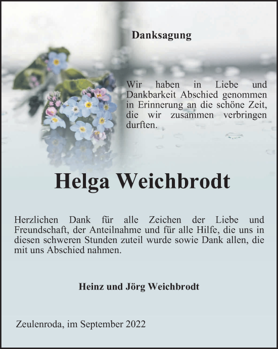 Traueranzeige von Helga Weichbrodt von Ostthüringer Zeitung