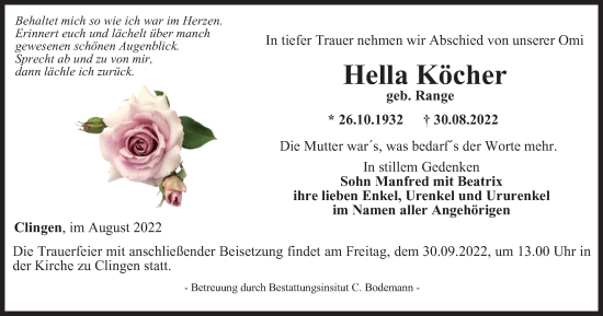 Traueranzeige von Hella Köcher