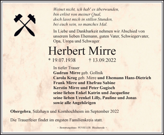 Traueranzeige von Herbert Mirre von Thüringer Allgemeine