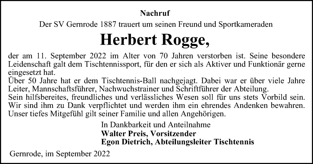  Traueranzeige für Herbert Rogge vom 22.09.2022 aus Thüringer Allgemeine