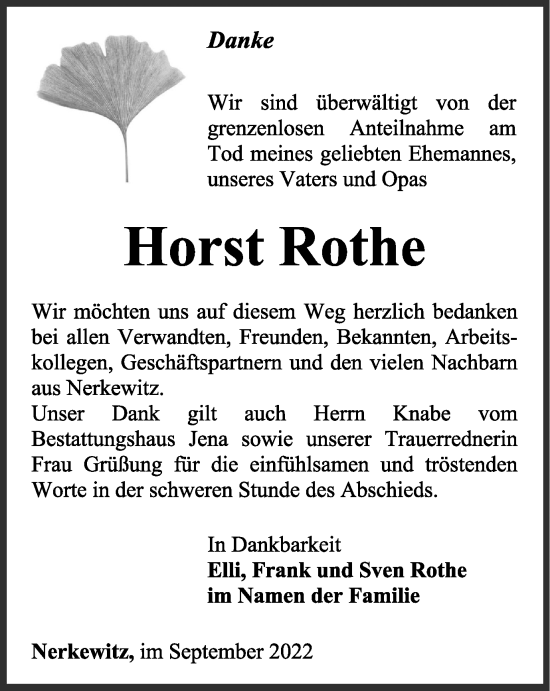 Traueranzeige von Horst Rothe von Ostthüringer Zeitung
