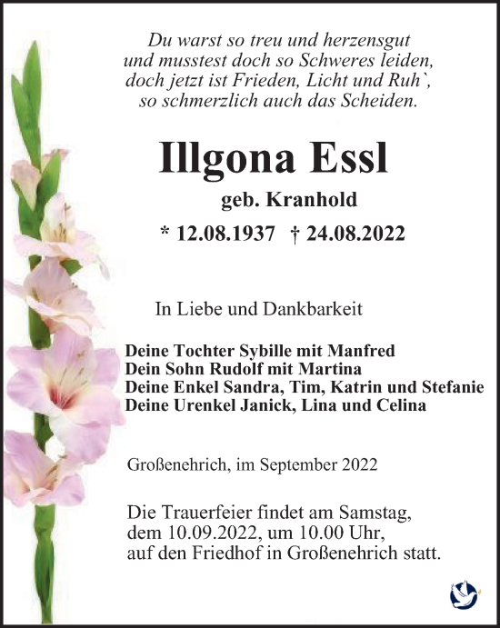 Traueranzeige von Illgona Essl von Thüringer Allgemeine