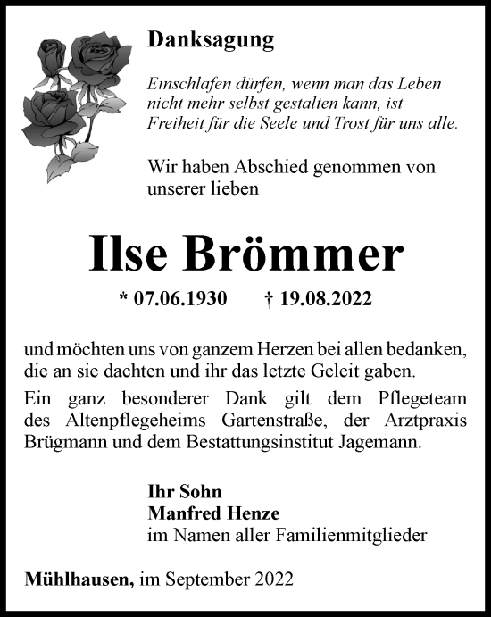 Traueranzeige von Ilse Brömmer von Thüringer Allgemeine, Thüringische Landeszeitung