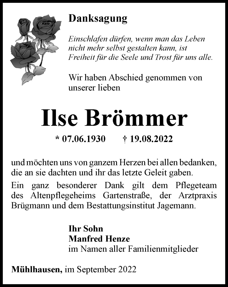  Traueranzeige für Ilse Brömmer vom 14.09.2022 aus Thüringer Allgemeine, Thüringische Landeszeitung