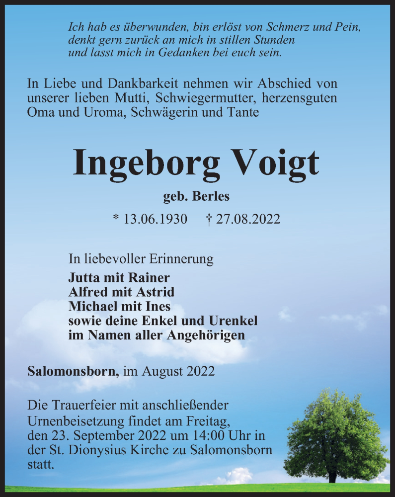  Traueranzeige für Ingeborg Voigt vom 17.09.2022 aus Thüringer Allgemeine, Thüringische Landeszeitung