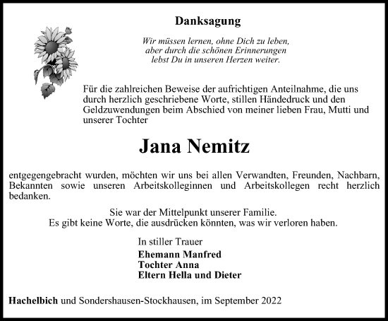 Traueranzeige von Jana Nemitz