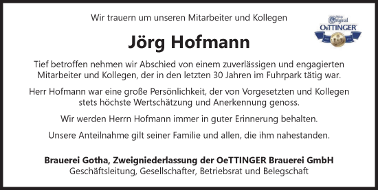 Traueranzeige von Jörg Hofmann von Thüringer Allgemeine, Thüringische Landeszeitung