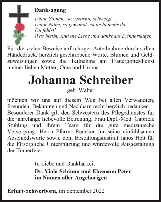 Traueranzeige von Johanna Schreiber von Thüringer Allgemeine, Thüringische Landeszeitung