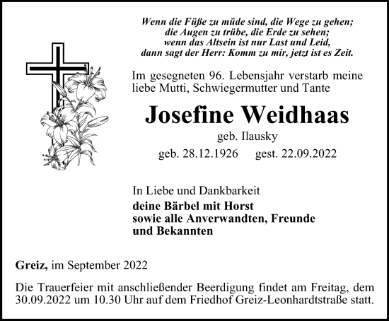 Traueranzeige von Josefine Weidhaas von Ostthüringer Zeitung