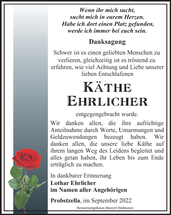 Traueranzeige von Käthe Ehrlicher von Ostthüringer Zeitung