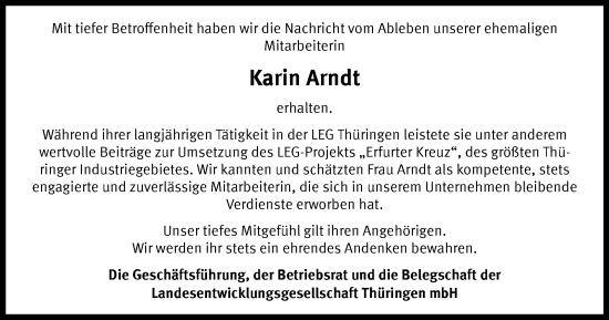 Traueranzeige von Karin Arndt von Thüringer Allgemeine, Thüringische Landeszeitung