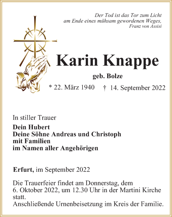 Traueranzeige von Karin Knappe von Thüringer Allgemeine, Thüringische Landeszeitung