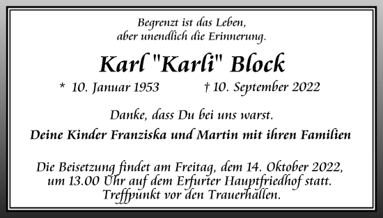 Traueranzeige von Karl Block von Thüringer Allgemeine, Thüringische Landeszeitung