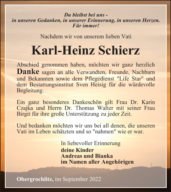 Traueranzeige von Karl-Heinz Schierz von Ostthüringer Zeitung