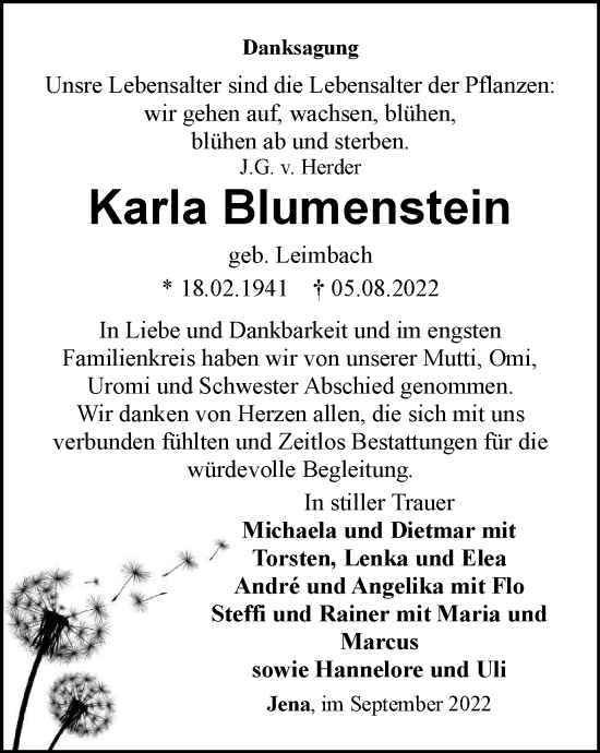 Traueranzeige von Karla Blumenstein von Ostthüringer Zeitung, Thüringische Landeszeitung