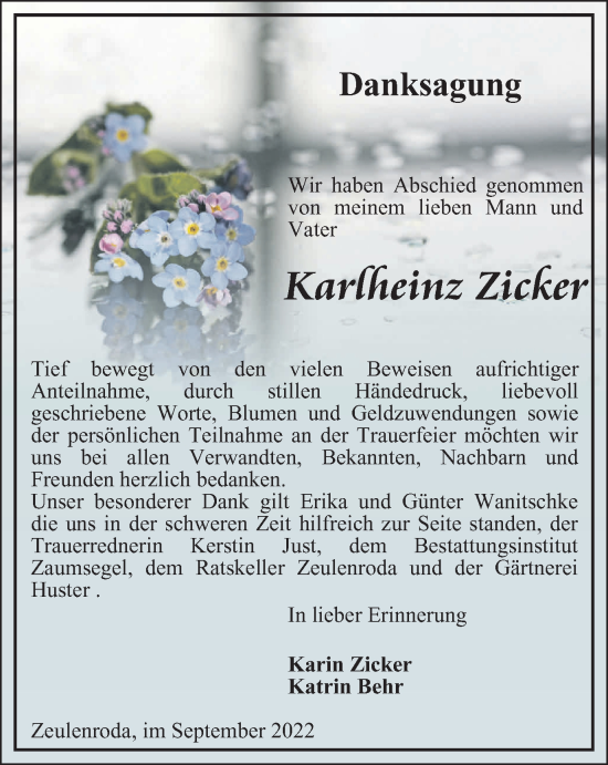 Traueranzeige von Karlheinz Zicker von Ostthüringer Zeitung