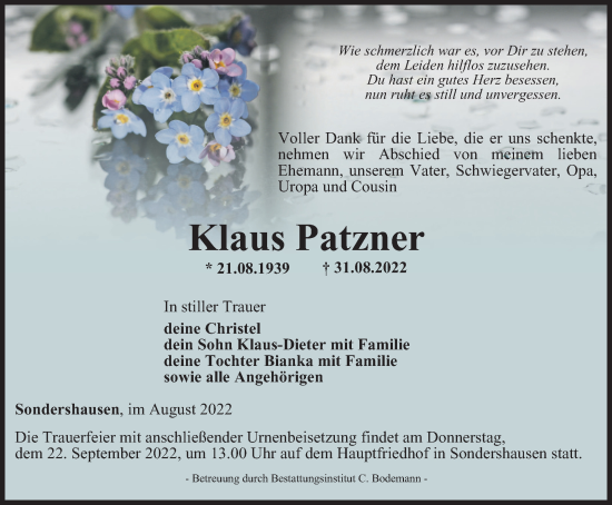 Traueranzeige von Klaus Patzner