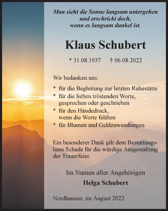 Traueranzeige von Klaus Schubert von Thüringer Allgemeine