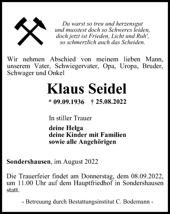 Traueranzeige von Klaus Seidel